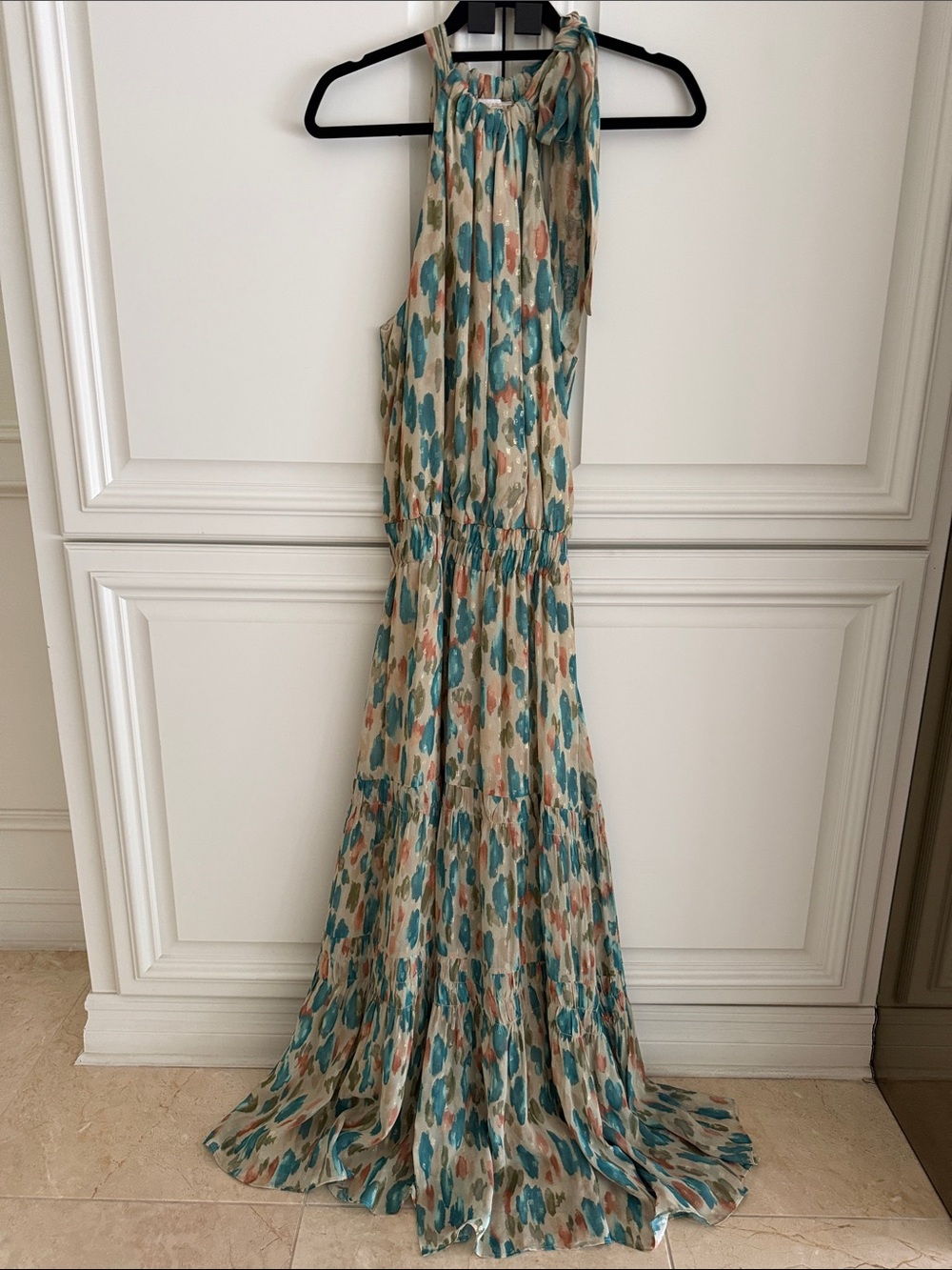Ramy Brook Teal, Taupe & Cream Printed Halter Maxi Dress